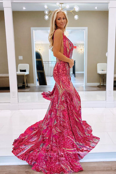 Pretty Fuchsia Sequin Lace V Neck Mermaid Long Prom Dresses VK23120503