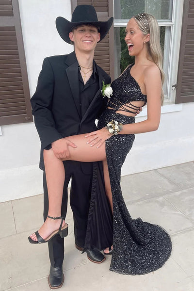 Sparkly Mermaid One Shoulder Keyhole Long Prom Dress with Slit VK23112903