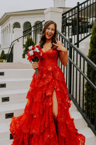 Cute A Line Sweetheart Red Tiered Long Prom Dress with Appliques VK25052512