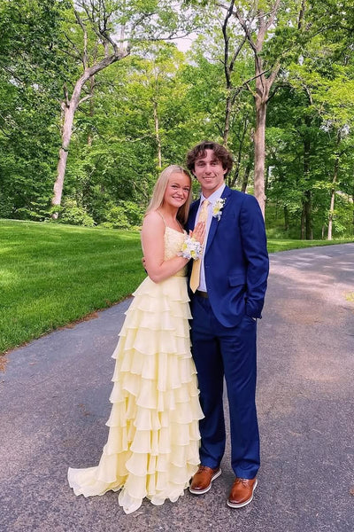 Cute A Line Yellow Chiffon Tiered Long Prom Dress with Slit VK25061903