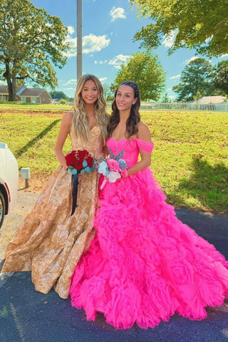 Gorgeous A Line Off the Shoulder Pink Tulle Tiered Prom Dress VK25100704