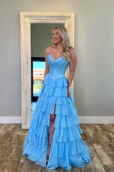 Cute A Line Sweetheart Yellow Chiffon Tiered Prom Dress with Slit VK25011504