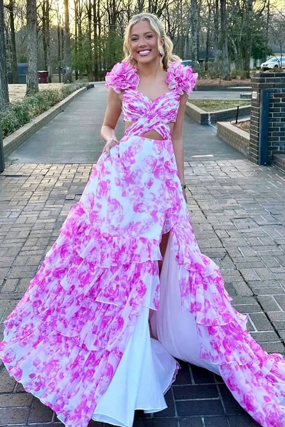 A-Line V Neck Pink Floral Printed Long Prom Dresses with Ruffle Slit VK25031807