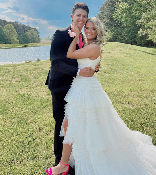 Cute A Line V Neck White Tulle Wedding Dresses VK23050509