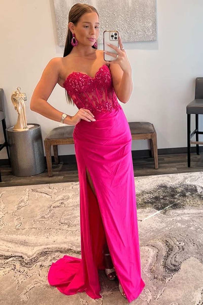 Barbie Pink Lace Strapless Sheath Dress with Slit VK23092607