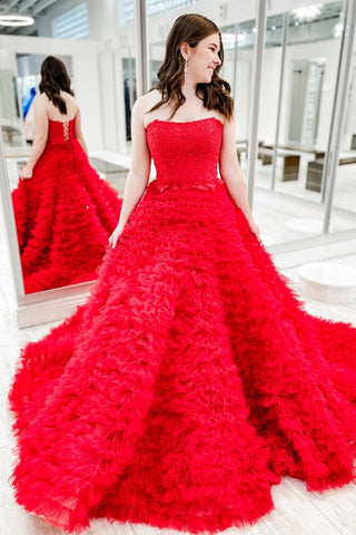 Red Strapless Ruffle Tiered Tulle Long Prom Dresses with Appliques VK24051104