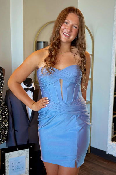 Bodycon Strapless Light Blue Keyhole Tight Short Homecoming Dresses VK25091610