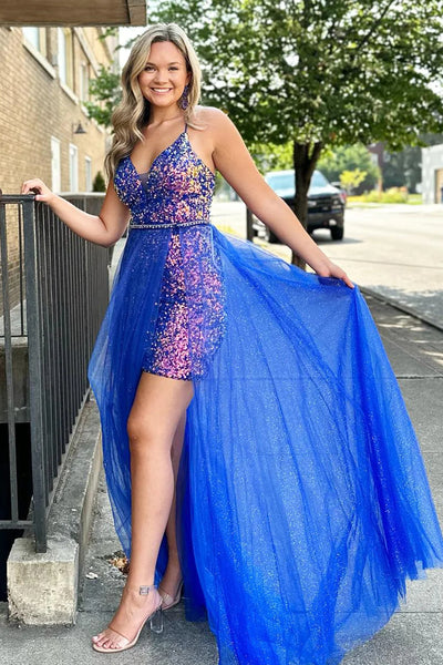 Sparkly Blue Detachable Train Sequins Tight Short Homecoming Dress VK23082105