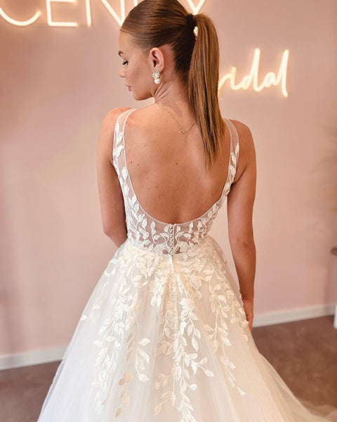 Elegant A Line V Neck Tulle Wedding Dresses with Appliques VK23060906