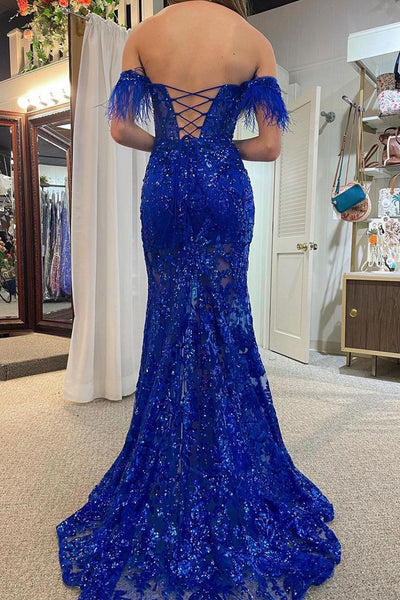 Royal Blue Sequin Lace Sparkly Mermaid Prom Dress with Feather VK23102004