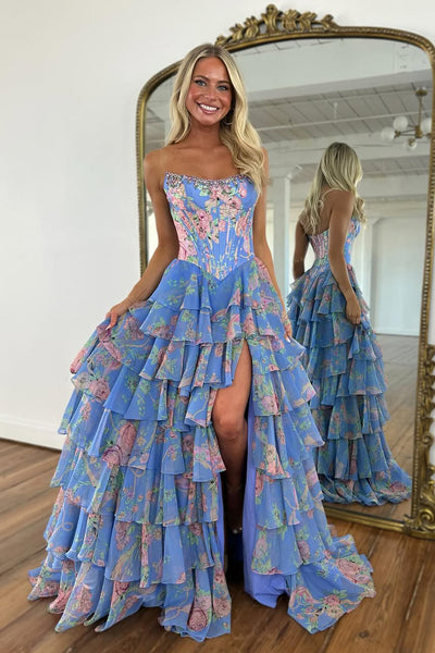 A-Line Strapless Floral Printed Chiffon Ruffle Tiered Corset Long Prom Dresses with Slit VK25102802