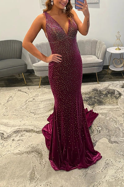 Mermaid Deep V Neck Backless Burgundy Satin Long Prom Dresses with Beads VK26010505