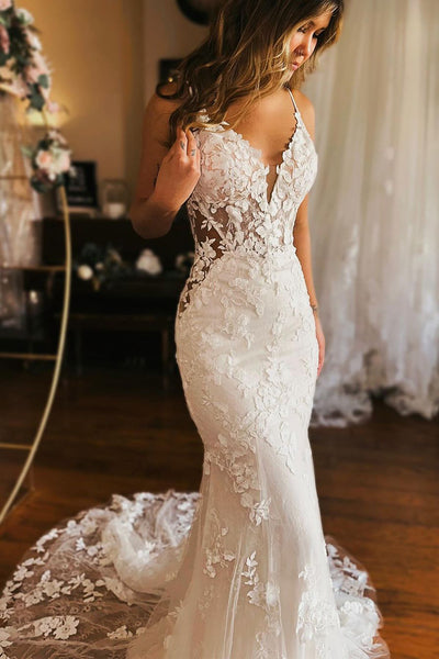Elegant Mermaid V Neck Lace Wedding Dresses VK24012001