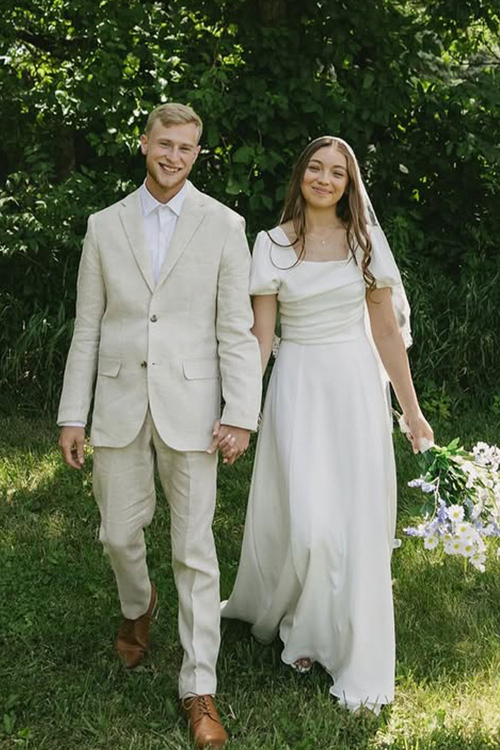 A-Line Square Neck Short Sleeve Silk Satin Wedding Dresses VK25092307