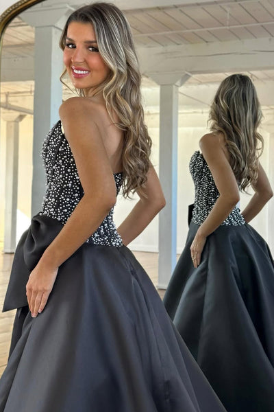 Gorgeous A Line Strapless Black Satin Prom Dress with Beading VK011705