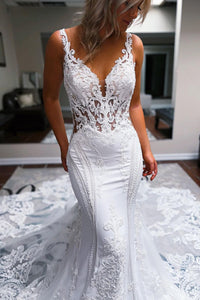 Elegant Mermaid V Neck White Lace Wedding Dresses with Train VK23090902