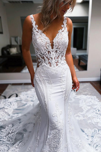 Elegant Mermaid V Neck White Lace Wedding Dresses with Train VK23090902