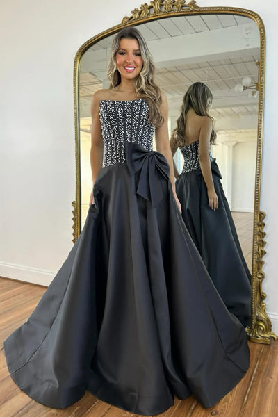 Gorgeous A Line Strapless Black Satin Prom Dress with Beading VK011705