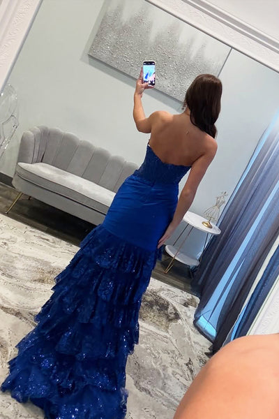 Cute Mermaid V Neck Royal Blue Tiered Prom Dress with Slit VK020103