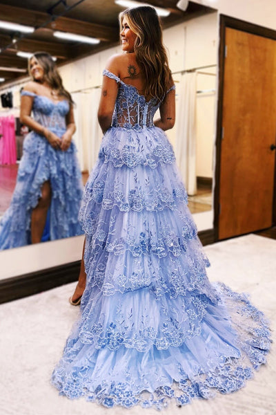 Periwinkle Tulle Appliques Off-the-Shoulder Ruffle Long Prom Dress VK23122110