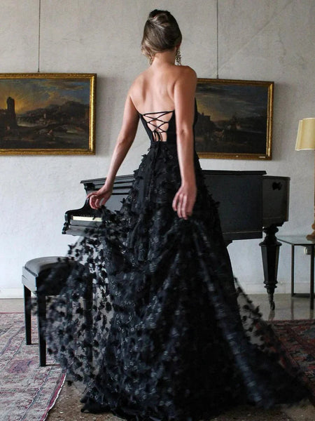 Fariy Scoop Neck Black 3D Lace Flowers Slit Prom Dresses VK112105