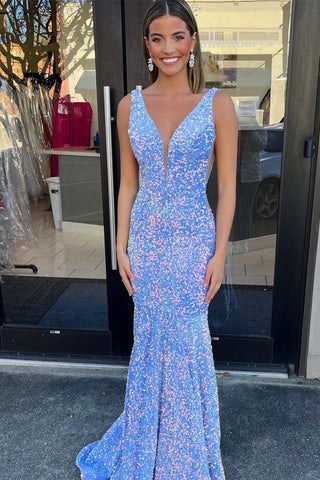 Periwinkle Iridescent Sequin Plunge V Mermaid Long Formal Dress VK23092402