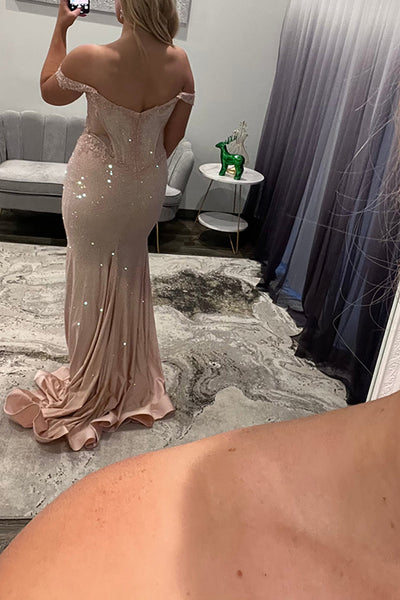 Charming Mermaid Off the Shoulder Blush Satin Beads Long Prom Dress with Appliques VK26010501