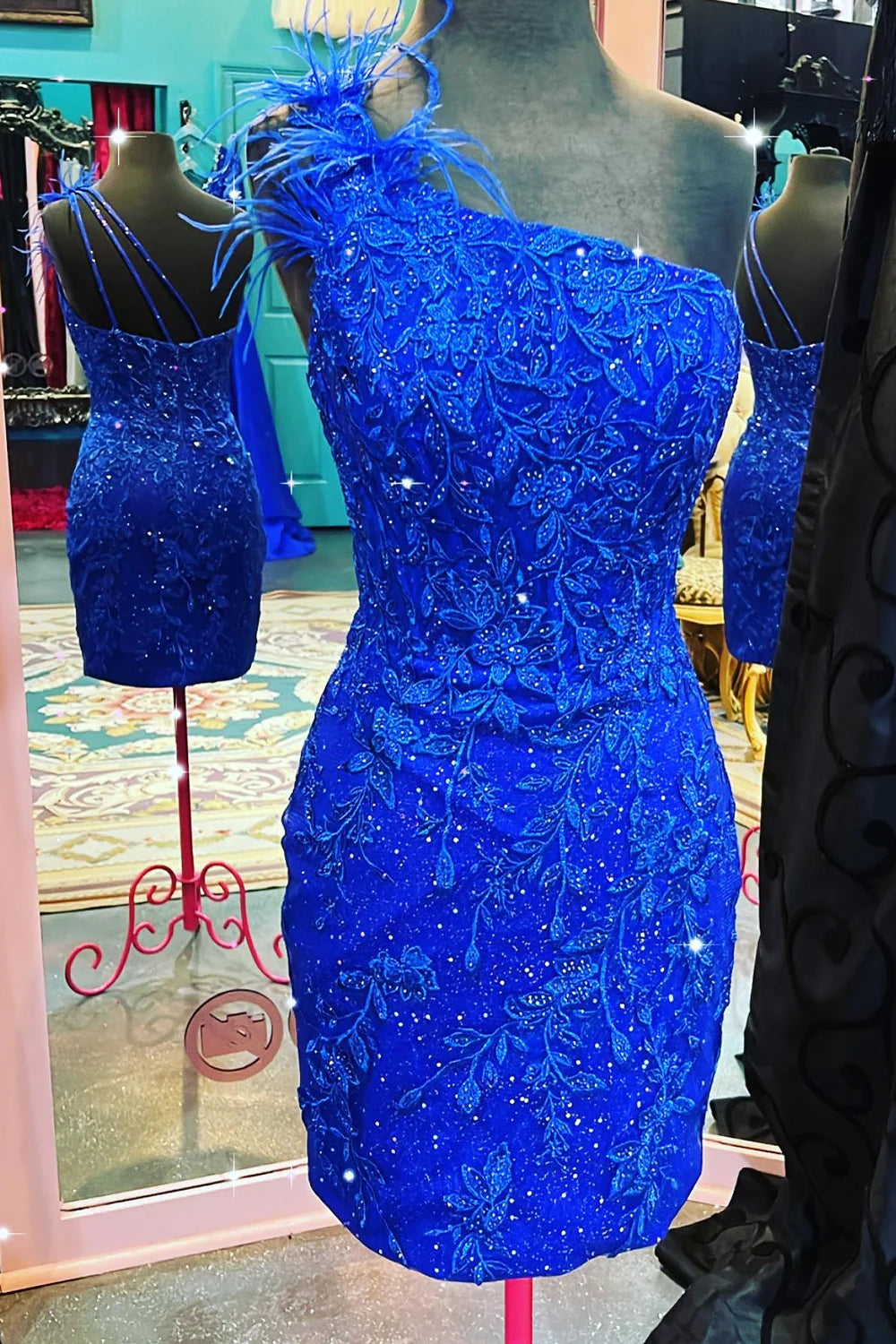 Glitter Royal Blue One Shoulder Lace Short Homecoming Dresses with Feather VK23082801