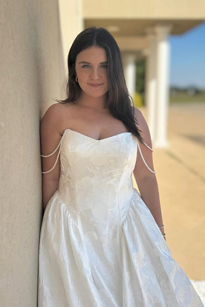 Elegant A-Line Off the Shoulder White Jacquard Satin Wedding Dresses VK25102003