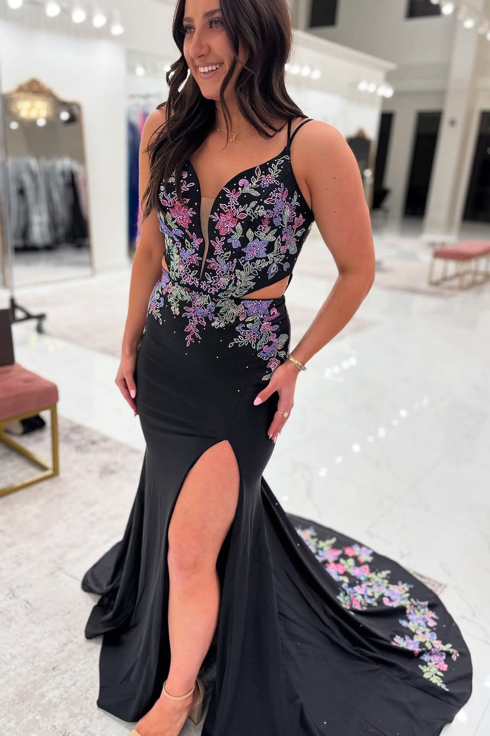 Mermaid V Neck Black Satin Embroidery Long Prom Dresses with Slit VK021302
