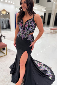 Mermaid V Neck Black Satin Embroidery Long Prom Dresses with Slit VK021302