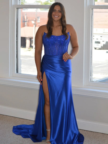 Lilac Strapless Satin Sheath Long Prom Dresses with Slit