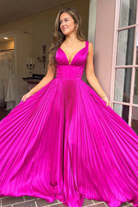 A-Line V-Neck Fuchsia Pleated Long Prom Dress VK23110305