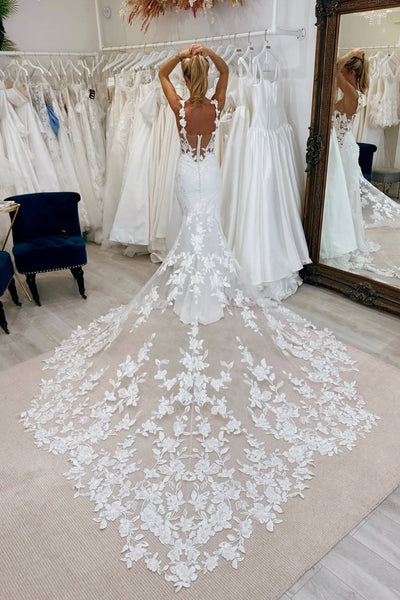 Gorgeous Mermaid V Neck Elastic Satin Wedding Dress with Appliques VK25112410