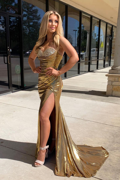 Sexy Mermaid Strapless Gold Satin Long Prom Dresses with Slit VK24033003