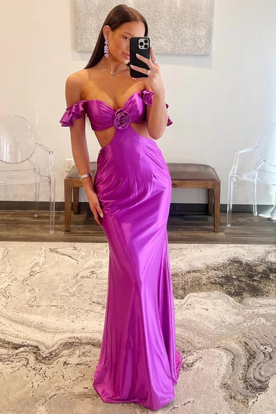 Violet Flutter Sleeve Cutout Mermaid Fitted Prom Dresses VK24011103