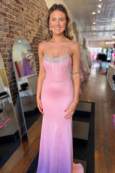Mermaid Scoop Neck Pink Satin Long Prom Dresses with Beading VK25112301