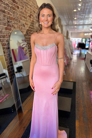 Mermaid Scoop Neck Pink Satin Long Prom Dresses with Beading VK25112301