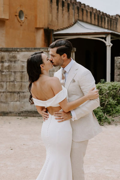 Charming Mermaid Off the Shoulder Stretch Satin Wedding Dress with Button VK25061104