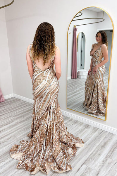 Gold Seqnins V Neck Mermaid Long Prom Dress VK23123101