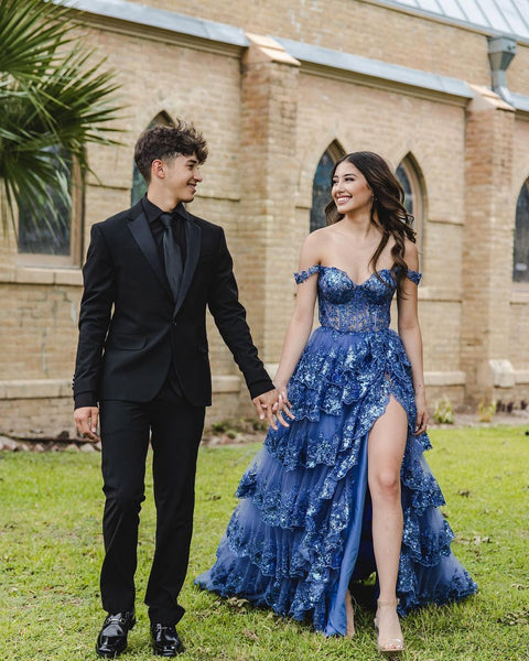 Dazzling Ball Gown Off the Shoulder Long Prom Dresses with Appliques VK23050605