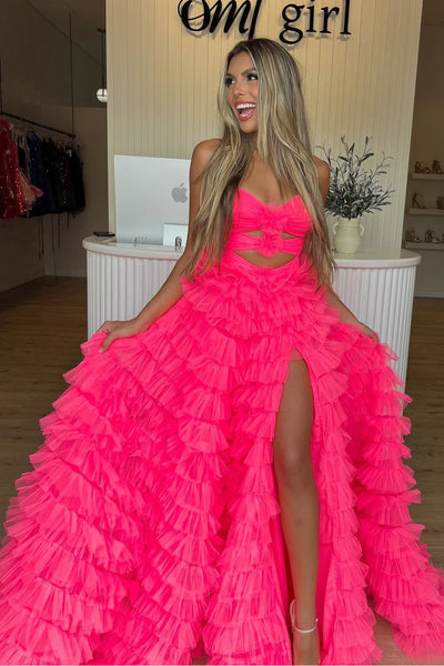 Cute Mermaid Sweetheart Hot Pink Tulle Long Prom Dresses with Slit VK24100702