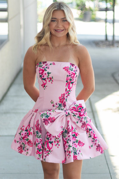 A Line Strapless Floral Satin Short Homecoming Dress VK26071609