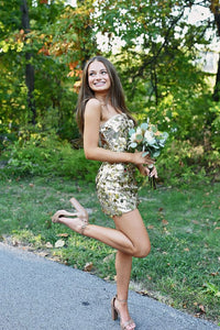 Cute Bodycon Strapless Gold Sequins Short Homecoming Dresses VK24102203