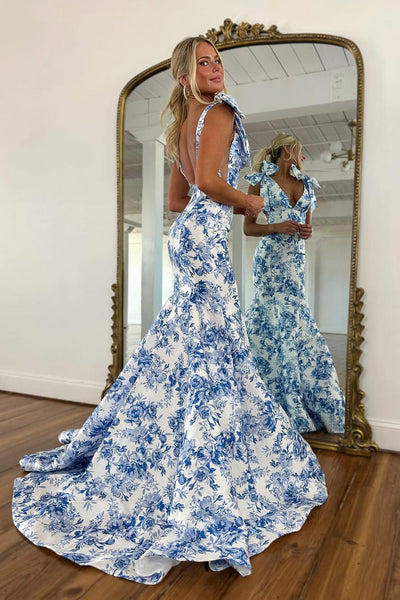 Fashion Mermaid V Neck Flower Print Satin Prom Dress VK5111207