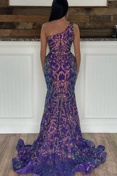 Purple One Shuolder Sequin Lace Mermaid Prom Dresses VK23121602