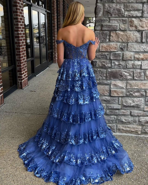 Charming A Line Off the Shoulder Blue Sequins Long Prom Dresses VK23052003