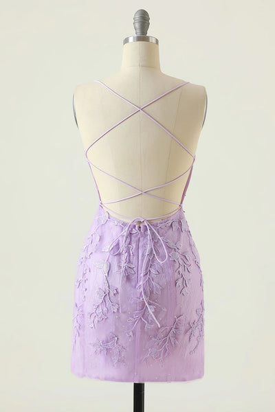 Lavender Short Tight Homecoming Dress with Lace Beading VK23062107