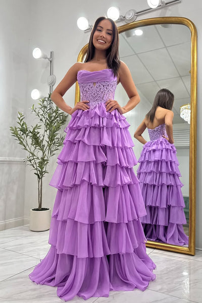 A-Line Strapless Purple Ruffle Tiered Chiffon Long Prom Dresses VKPD011