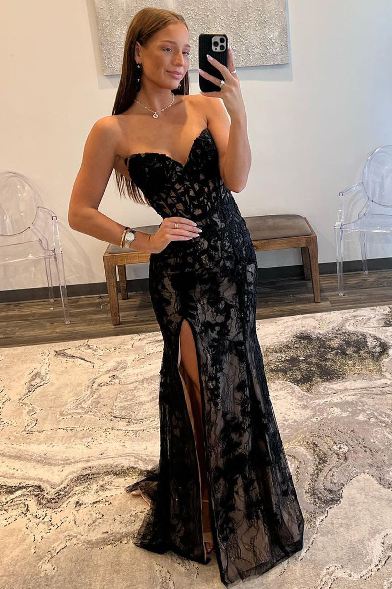 Gorgeous Mermaid Strapless Black Lace Long Prom Dresses VK23091508